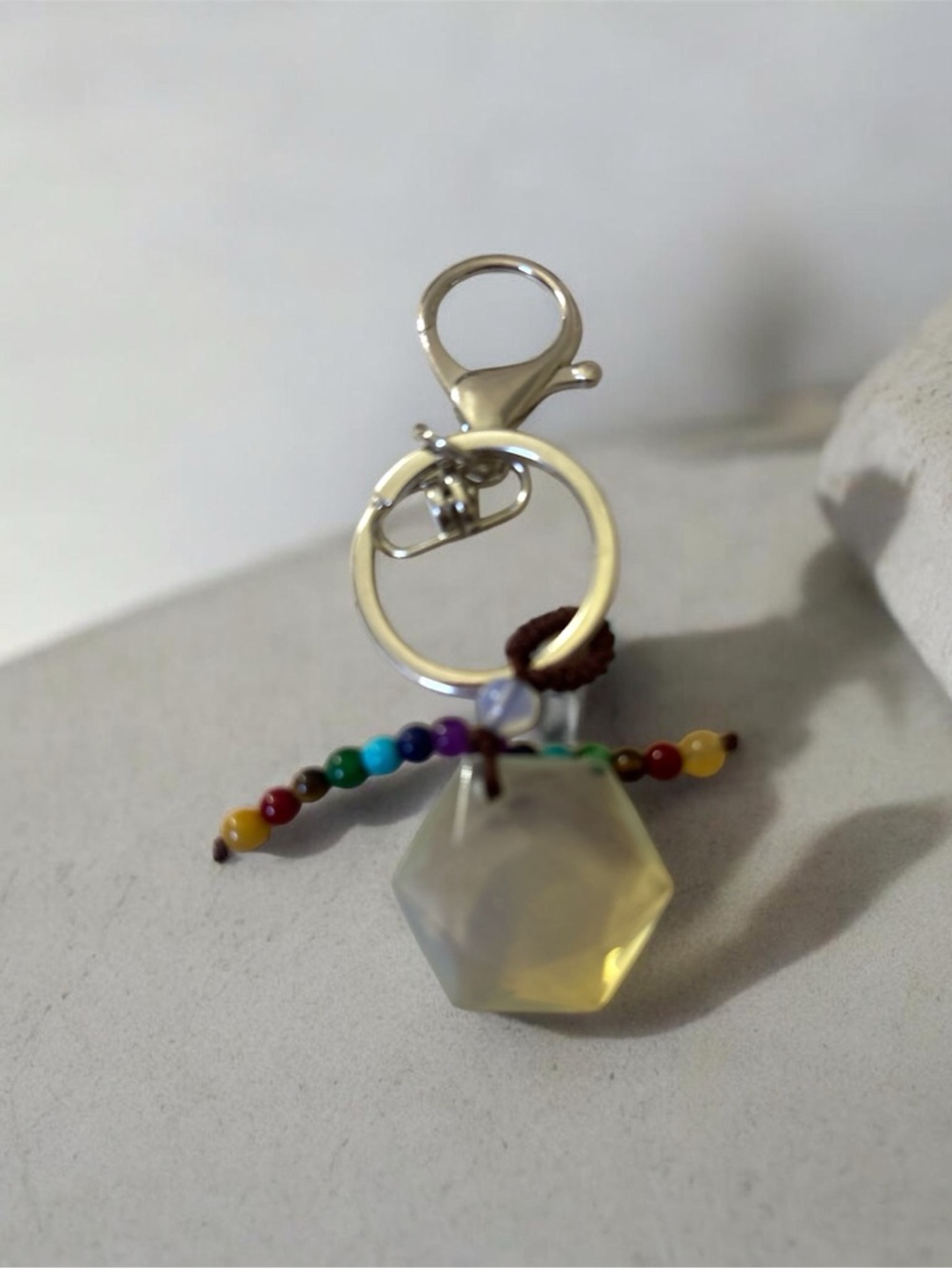 Multicolor Beaded Key & Card Holder Charm with Clear Qua Faceted Hexagon Pendant